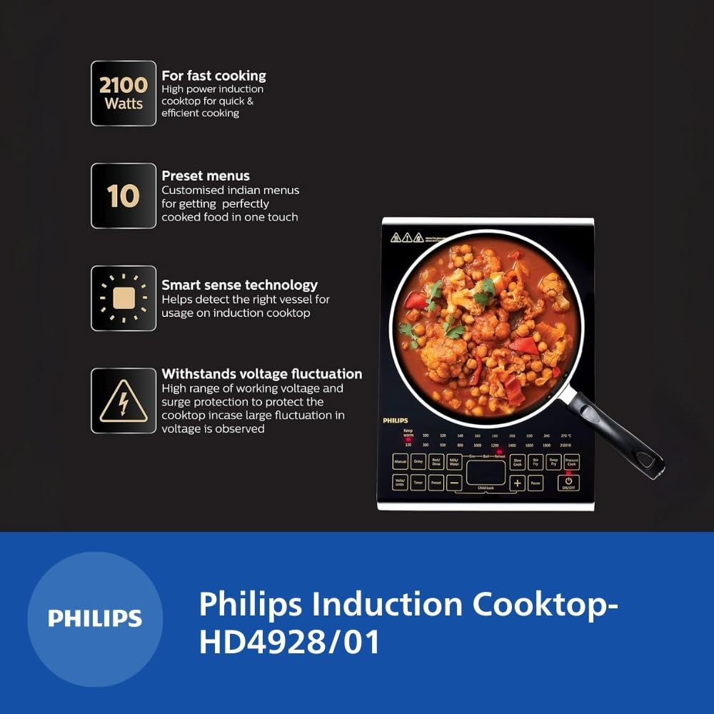 Philips Viva Collection HD4928/01 2100-Watt Induction Cooktop, Soft Touch Button with Crystal Glass (Black)