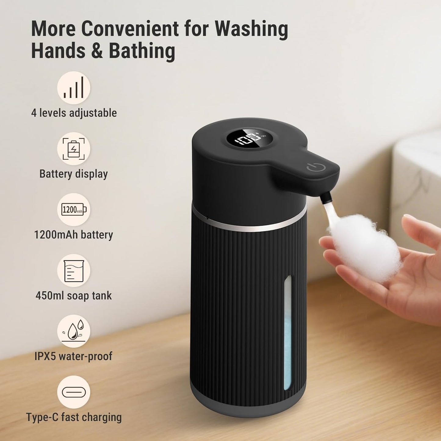Costar 450ML Automatic Soap Dispenser Touchless, Rechargeable Sensor Hand Wash Dispenser with Digital Electricity Screen, 4-Speed Adjustable Foam Dispenser, Auto Dispenser for Bathroom, Kitchen