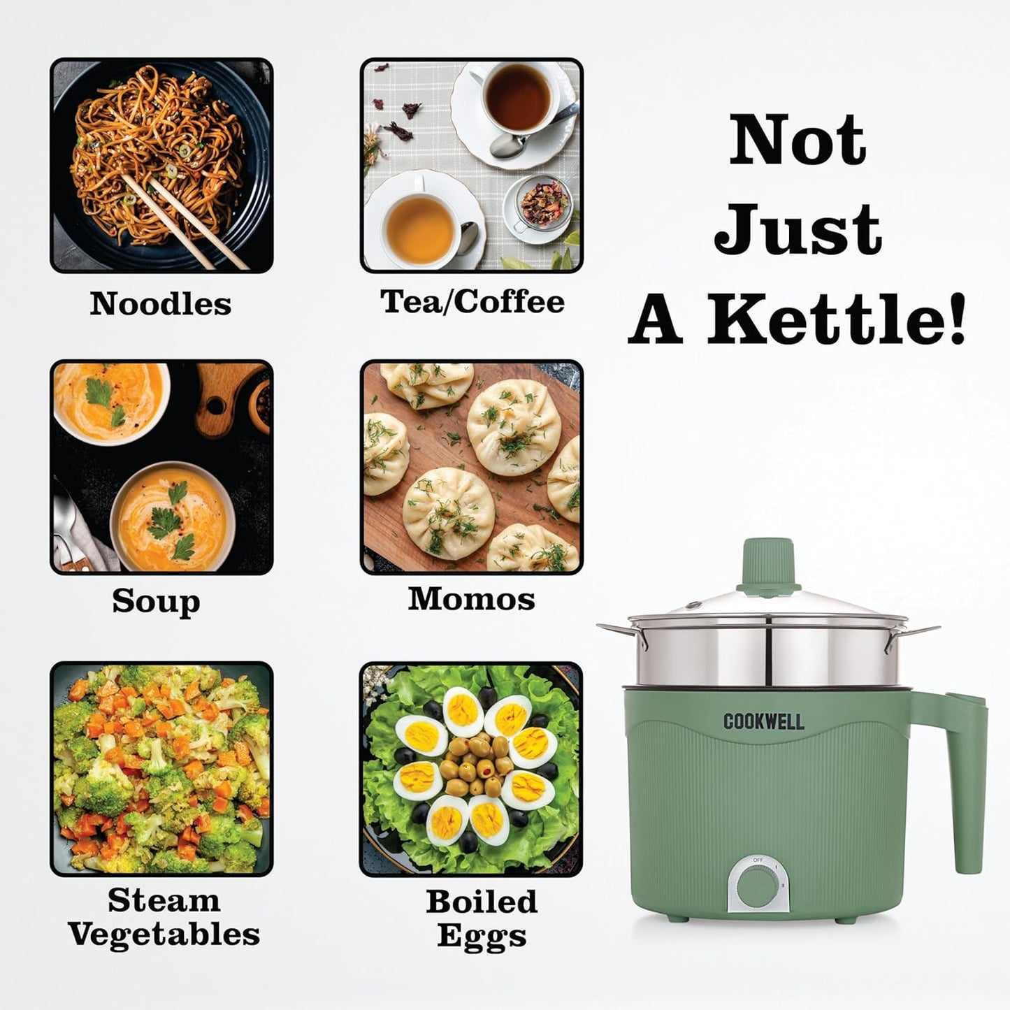 Cookwell Multipurpose Cook Kettle With 1.5L Nonstick Inner Pot, Stainless Steel Mess, Idli Stand, Stainless Steel Steamer, Egg Tray (600W)