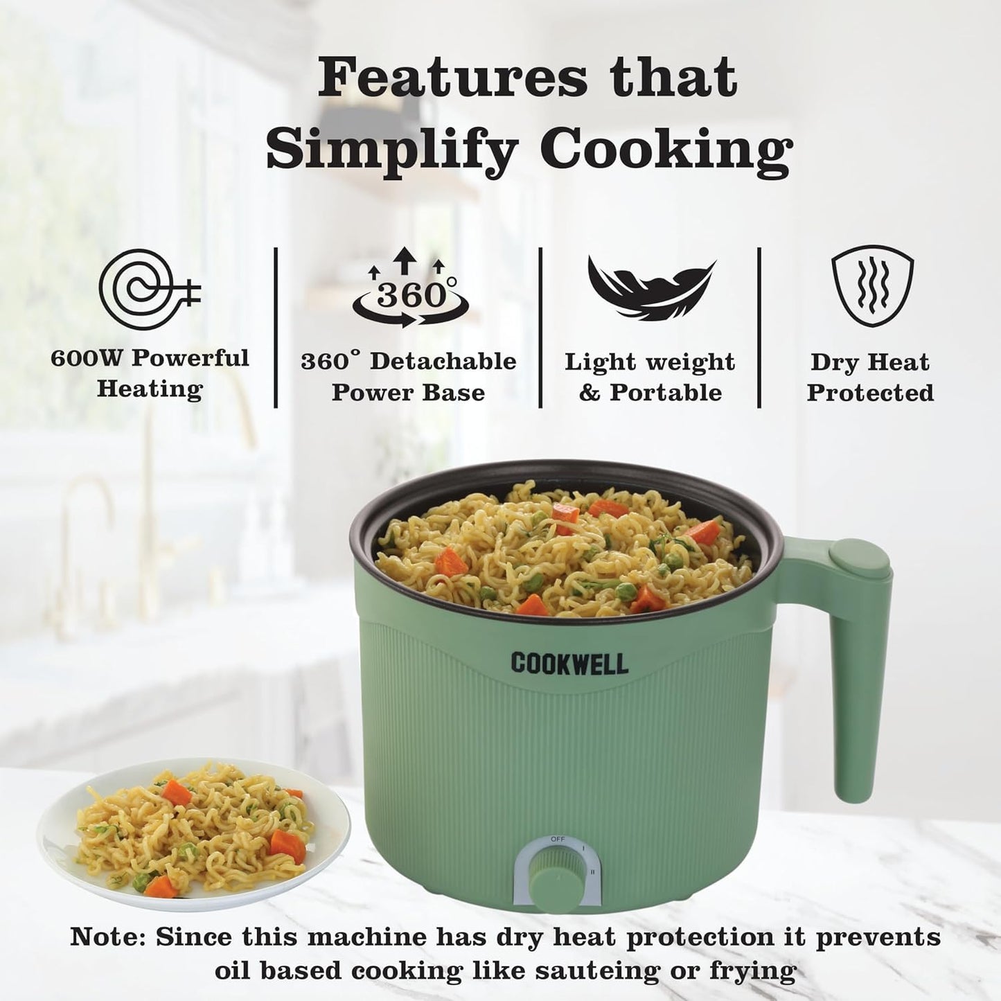 Cookwell Multipurpose Cook Kettle With 1.5L Nonstick Inner Pot, Stainless Steel Mess, Idli Stand, Stainless Steel Steamer, Egg Tray (600W)