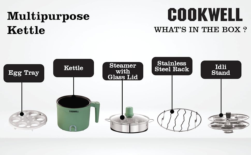 Cookwell Multipurpose Cook Kettle With 1.5L Nonstick Inner Pot, Stainless Steel Mess, Idli Stand, Stainless Steel Steamer, Egg Tray (600W)