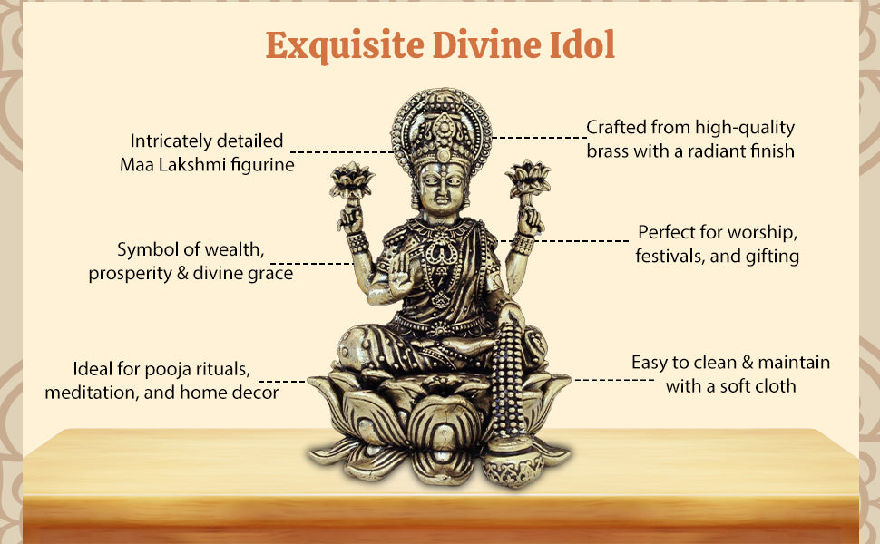 Handcrafted Brass Goddess Laxmi Statue for Home Temple | 3" Maa Lakshmi Figurine Idol Murti Sacred Symbol of Wealth | Perfect for Rituals & Gifting (Weight- 130gm)