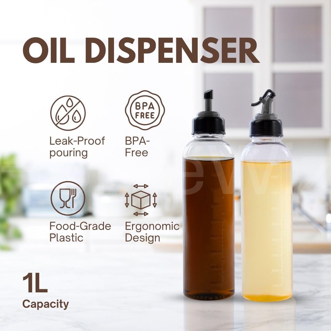 HomeWiz plastic Oil Dispenser 1 Litre | Pack of 2 | Transparent, Leak-Proof, BPA-Free Oil Container for Cooking Oils & Vinegar | Kitchen accessories items for home | 2000ml |