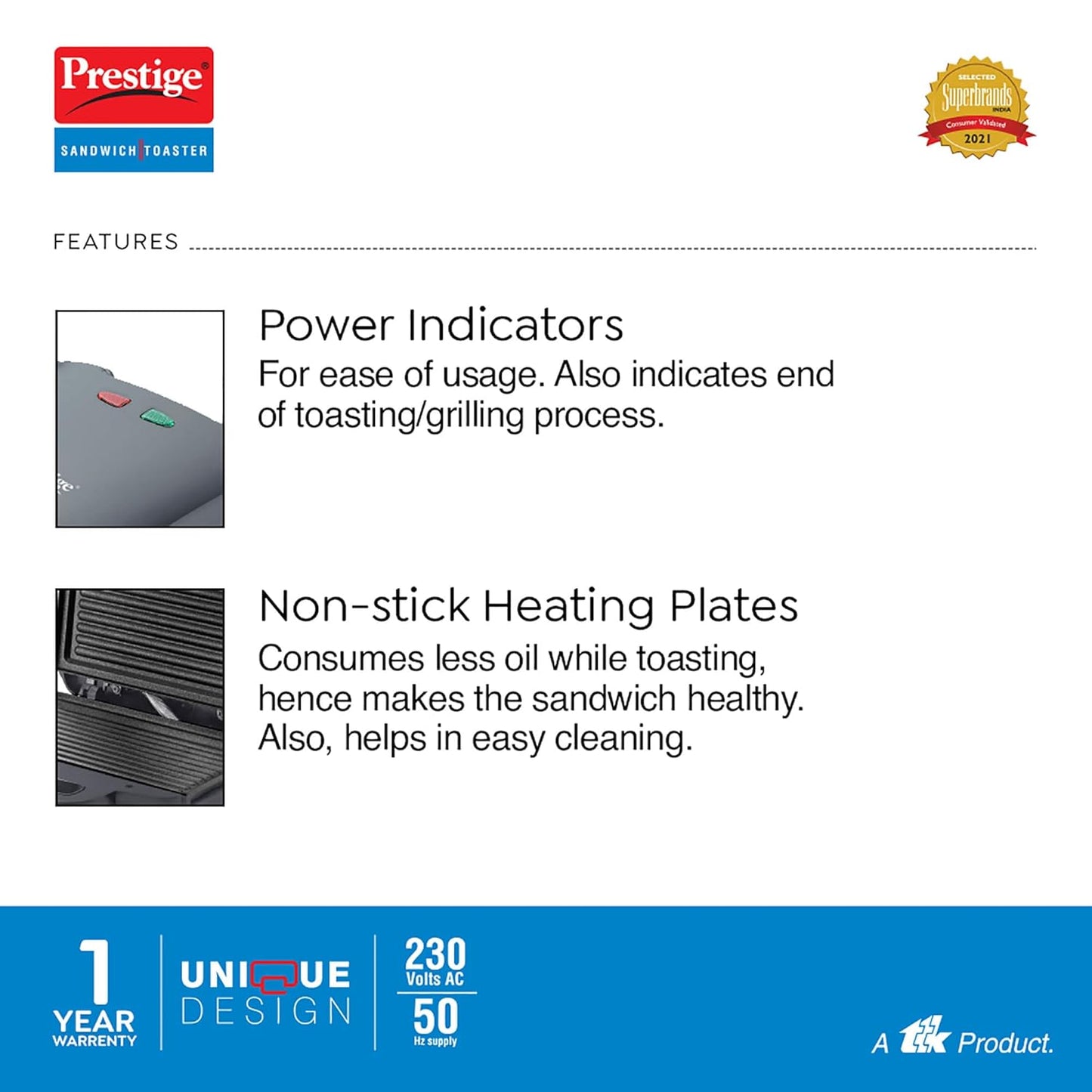 Prestige PGMFB 800 Watt Grill Sandwich Toaster with Fixed Grill Plates, Black