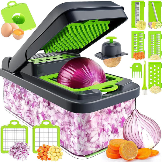 12-in-1 Vegetable Chopper, 7 Blade Veggie Chopper, Practical Food Chopper with Container, Cheese Grater, Home Essentials & Kitchen Gadgets