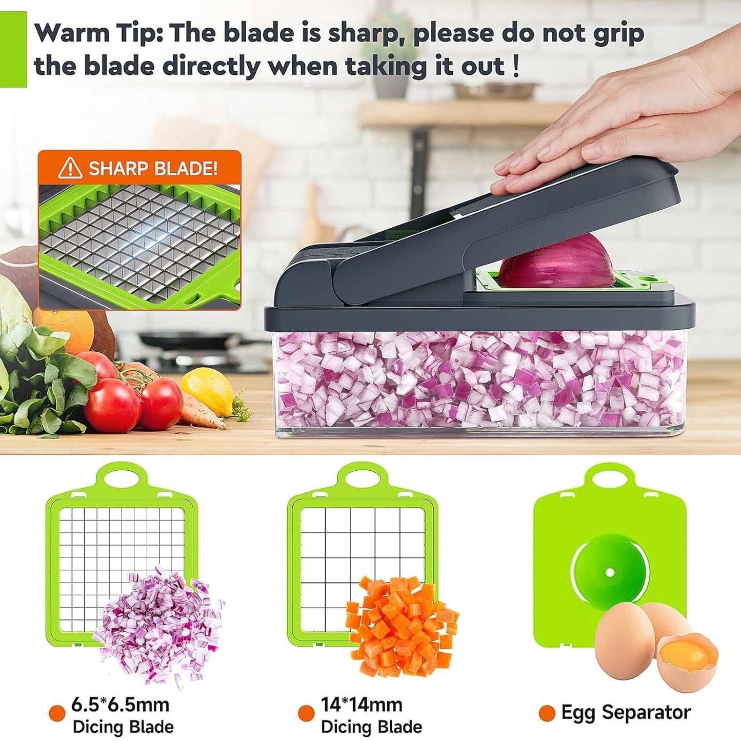 12-in-1 Vegetable Chopper, 7 Blade Veggie Chopper, Practical Food Chopper with Container, Cheese Grater, Home Essentials & Kitchen Gadgets